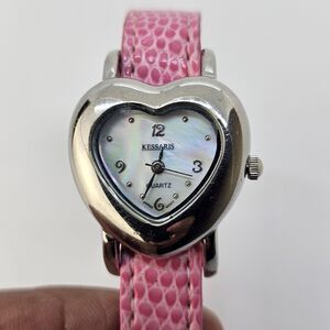 Heart Shaped Kessaris 25MM Gray Case Gray MOP Dial Pink Leather Band New Battery